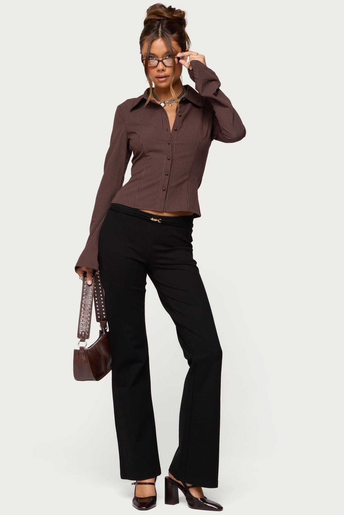 Pinstripe Tailored Button Up Shirt Long Sleeve Polyester Rayon Spandex