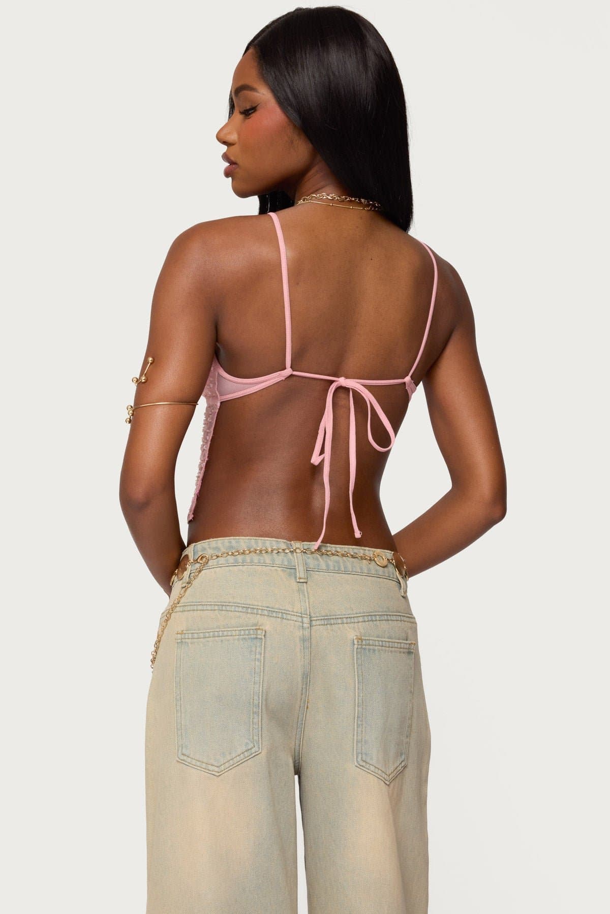 Beaded Mesh Asymmetric Backless Top with V-Neck and Back Tie Closure