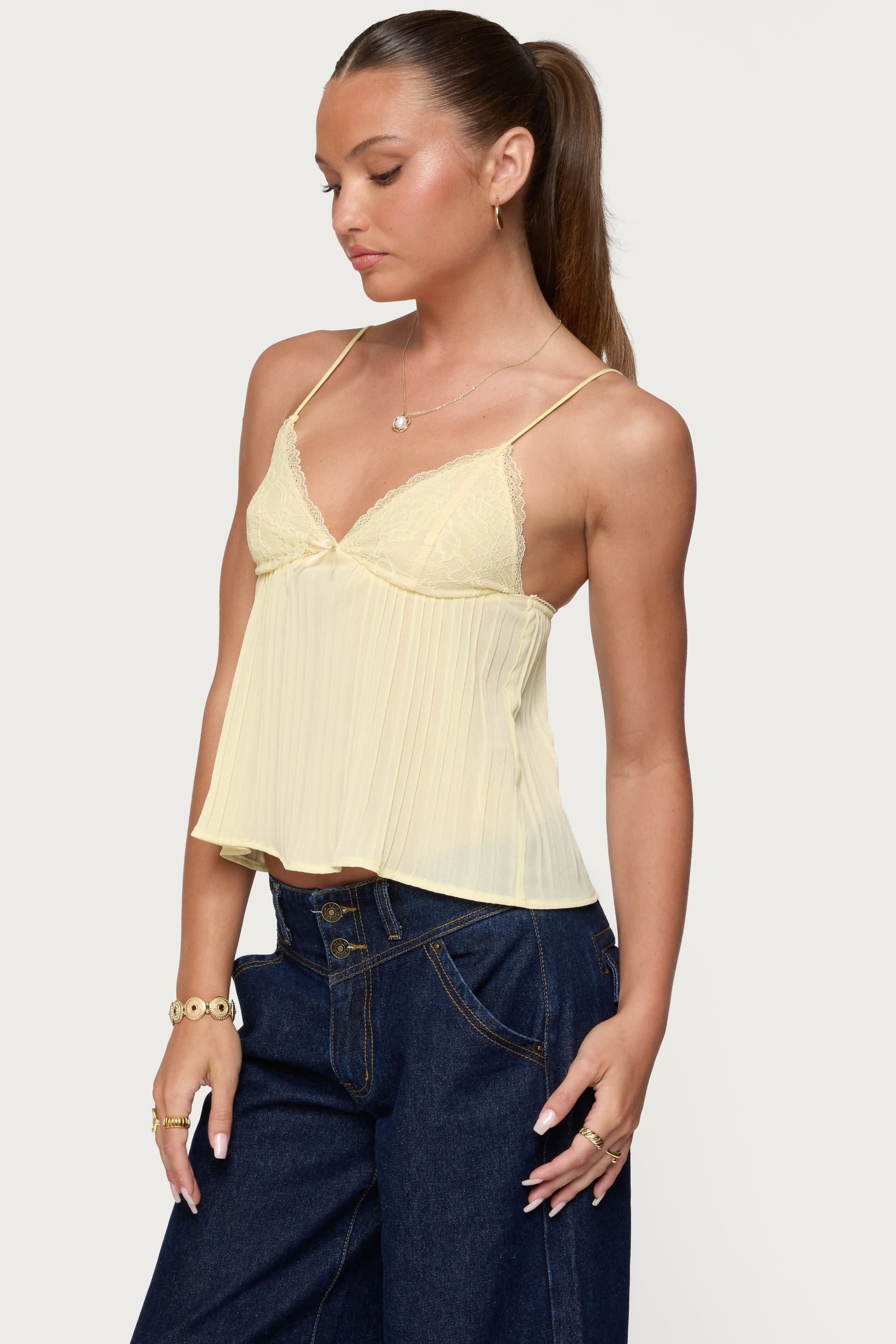 Rhian Lacey Pleated Babydoll Top with Adjustable Straps, Lace Bust, Chiffon Polyester Spandex