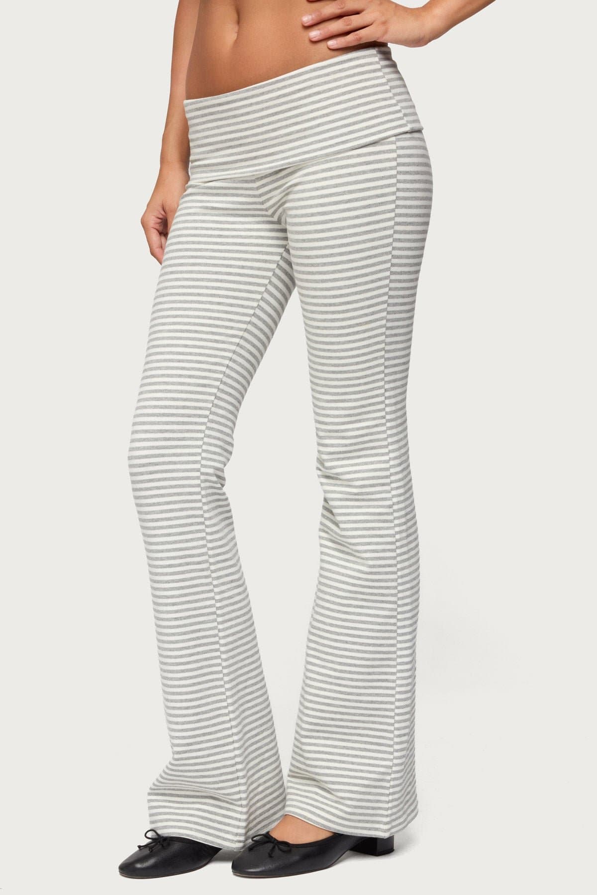 Kaeli Stripey Flared Leggings - Cotton Polyester Spandex Loungewear with Fold Over Waistband