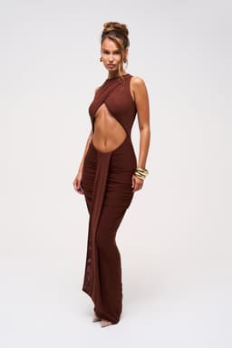KAIA Drape Detail Maxi Dress in Cocoa Brown - Bodycon Fit with Cut Out and Ruching
