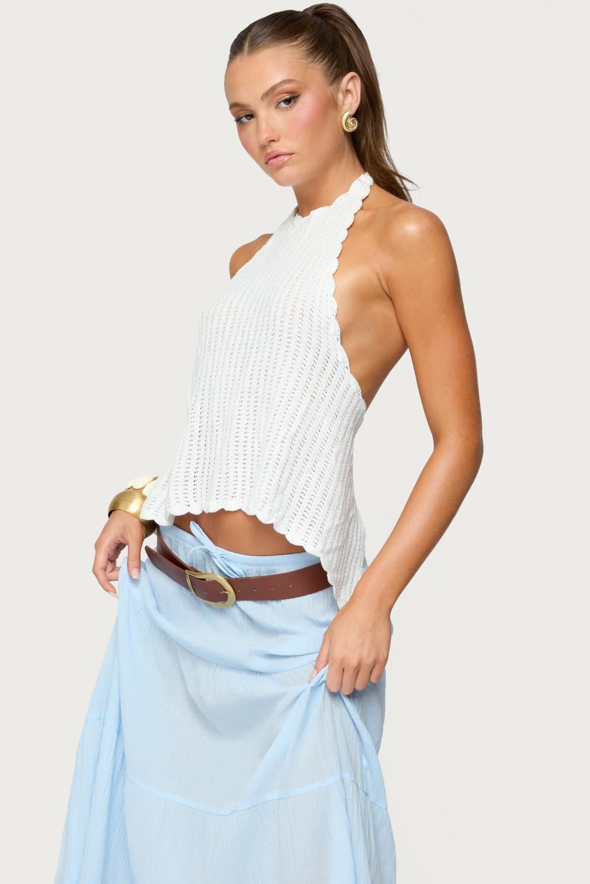 Ivey Backless Crochet Halter Top - Acrylic High Neck Open Back Scalloped Trim