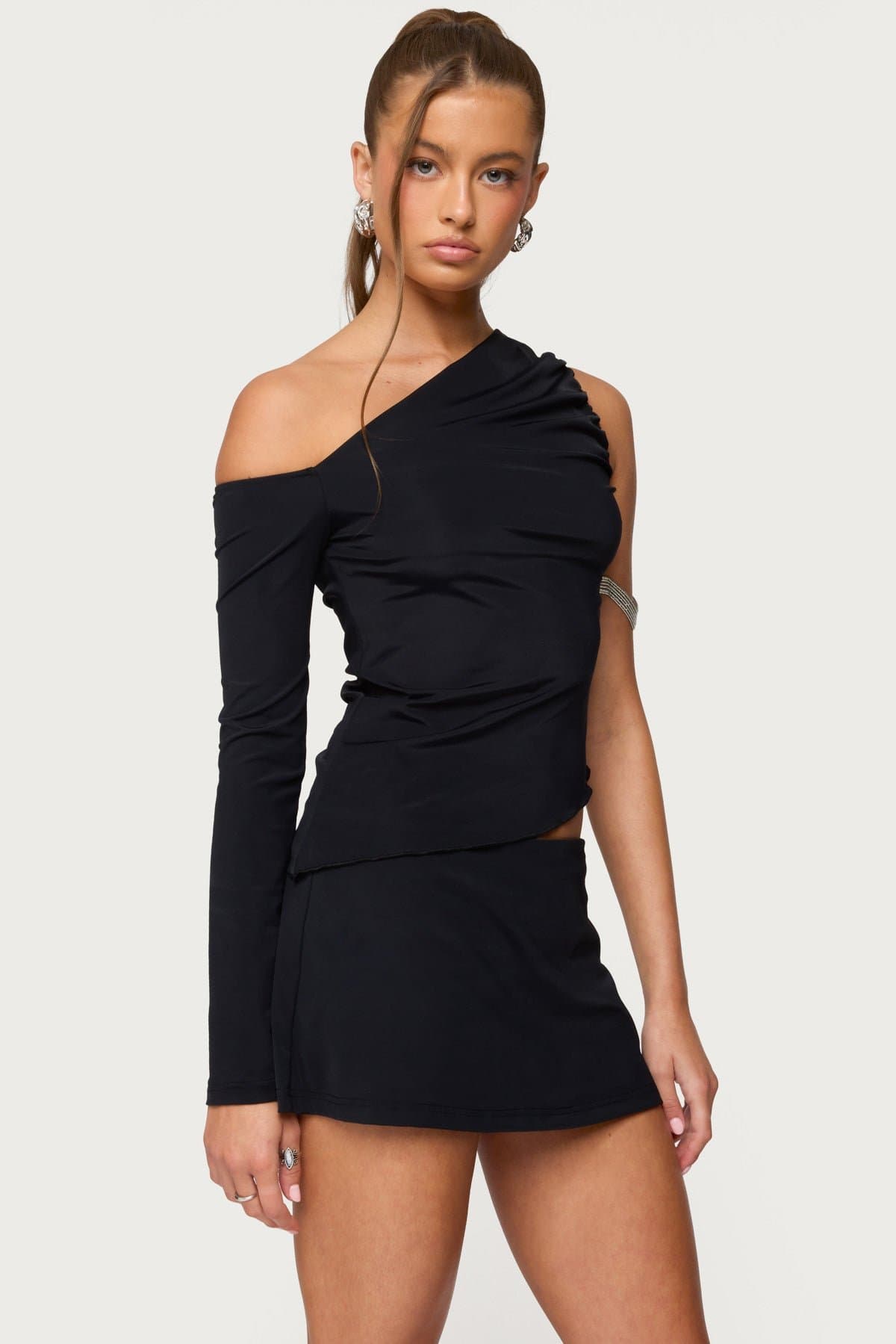 Lucretia Asymmetric Off Shoulder Top - Single Long Sleeve, Ruched Nylon Spandex