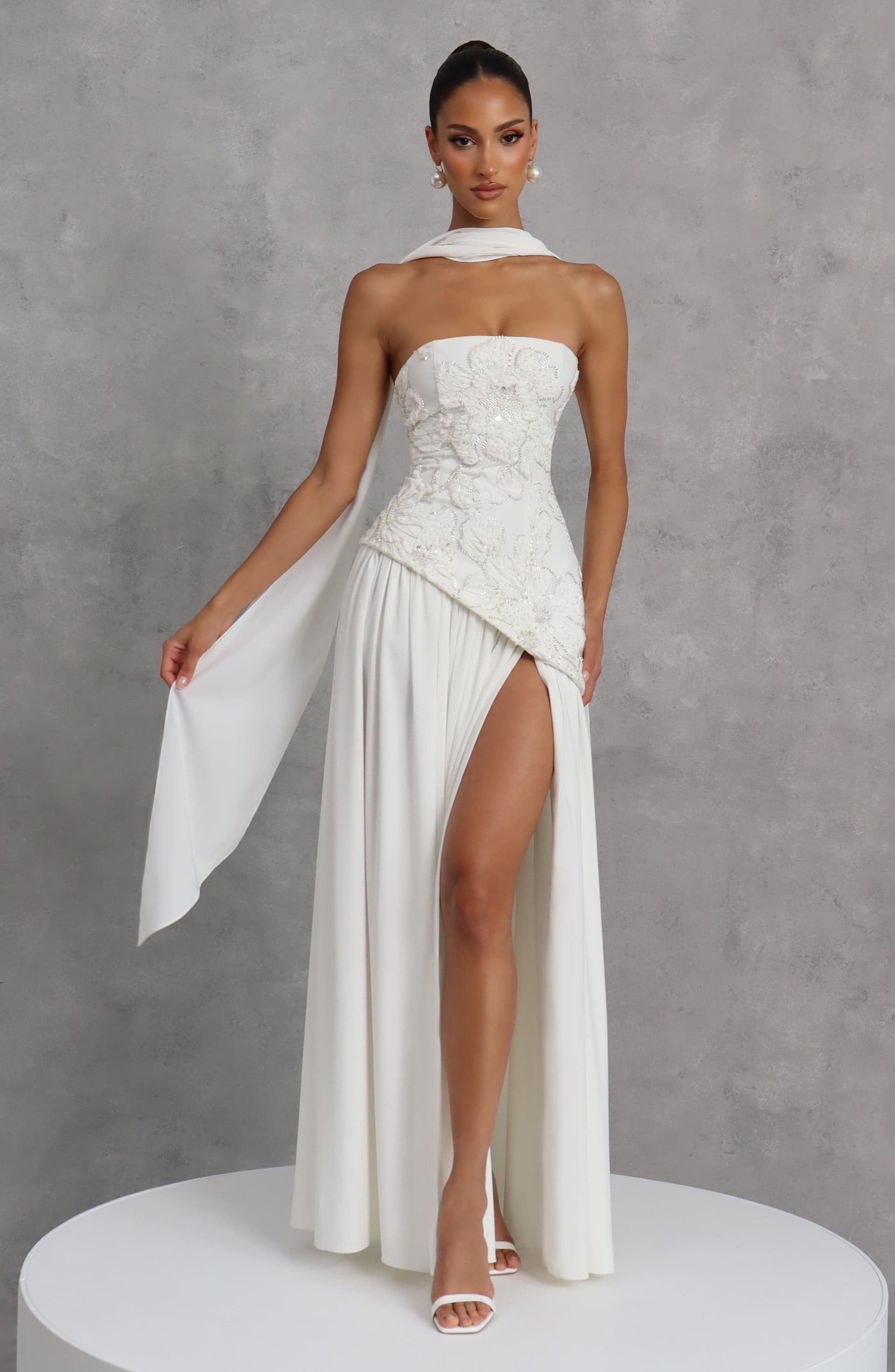 Anneliese Maxi Dress in Ivory Crepe Bodice Chiffon Skirt with Embellishments