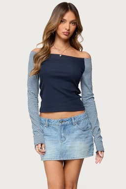 Rion Contrast Striped Off Shoulder Long Sleeve Top - Cotton Spandex