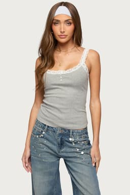 Aileen Contrast Lace Henley Tank Top - Ribbed Cotton Rayon Spandex