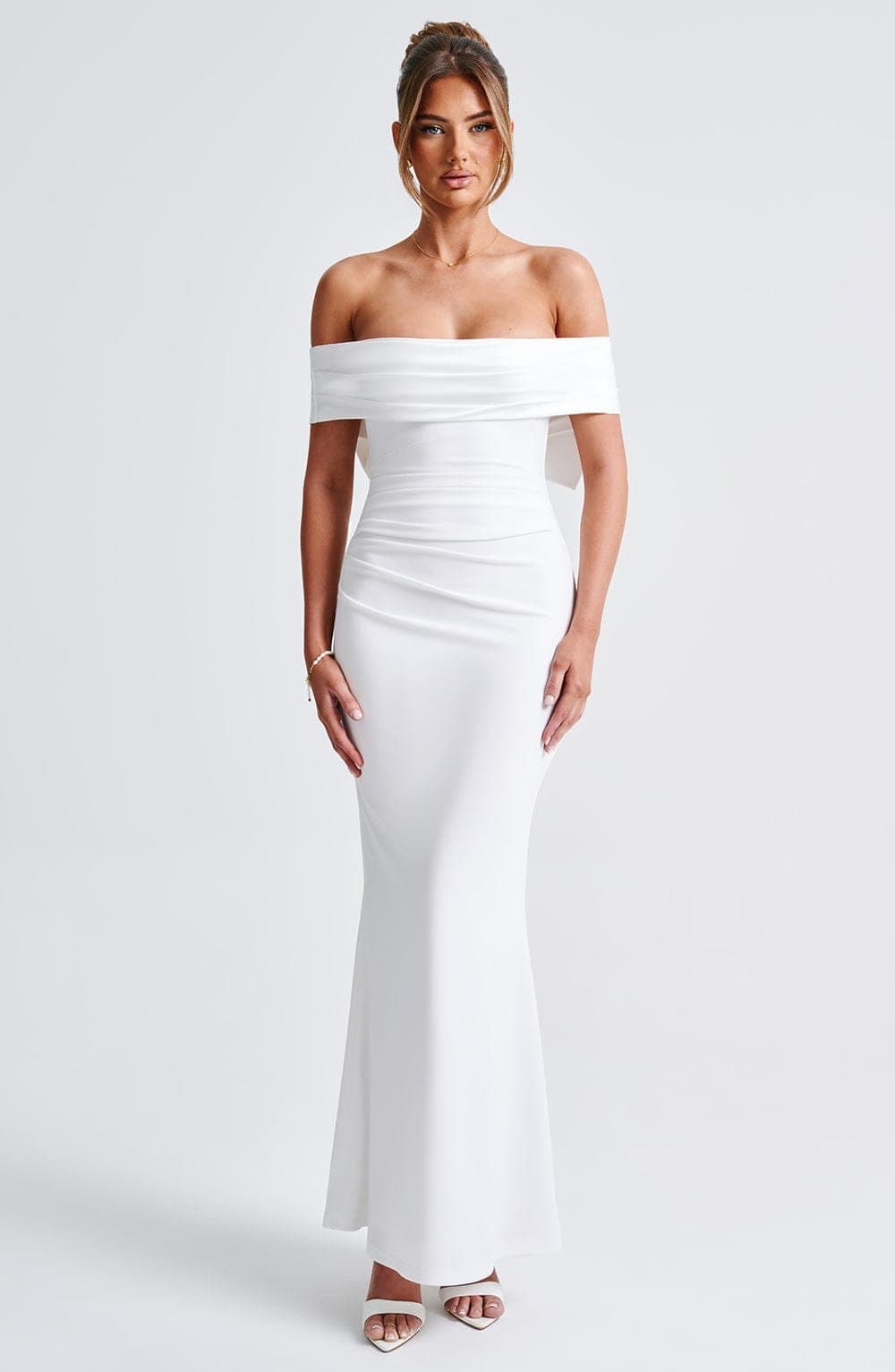 Joanna Maxi Dress in Ivory - Stretch Crepe Fit and Flare with Bardot Neckline