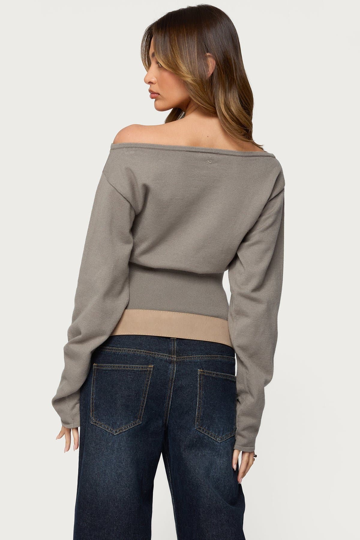 Carmela Iridescent Button Off-Shoulder Sweater - Ribbed Knit Acrylic
