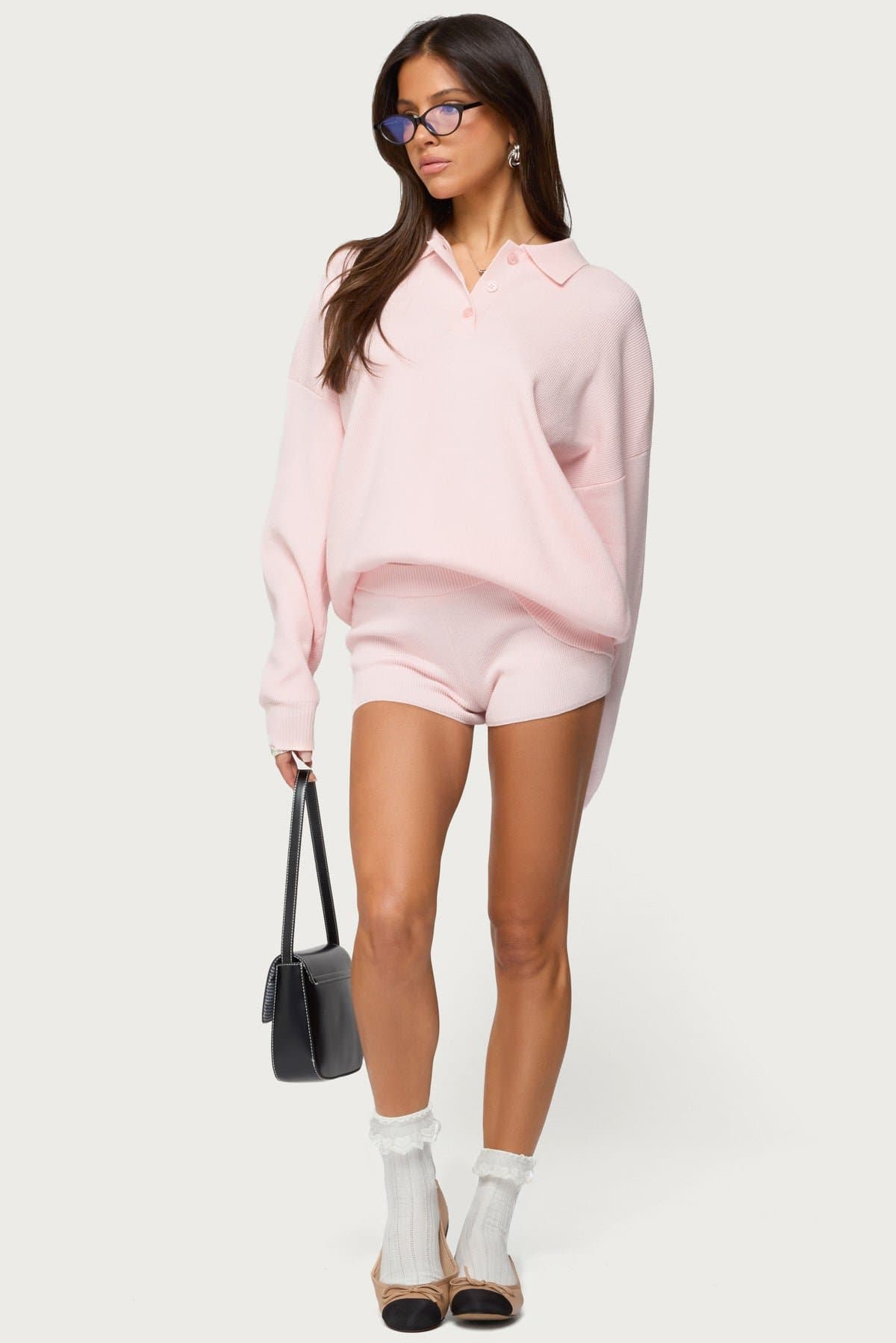 Lorie Oversized Knit Polo Sweater - Acrylic Polyester Nylon Rugby Shirt Button Up