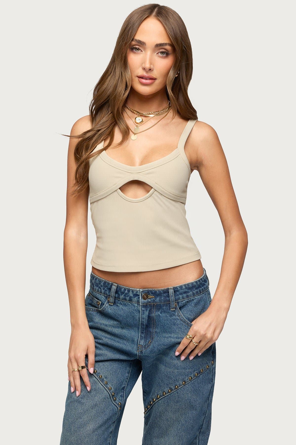 Karin Cut Out Ribbed Tank Top with Adjustable Straps - Polyester Spandex
