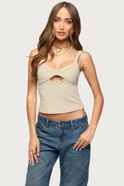 Karin Cut Out Ribbed Tank Top with Adjustable Straps - Polyester Spandex