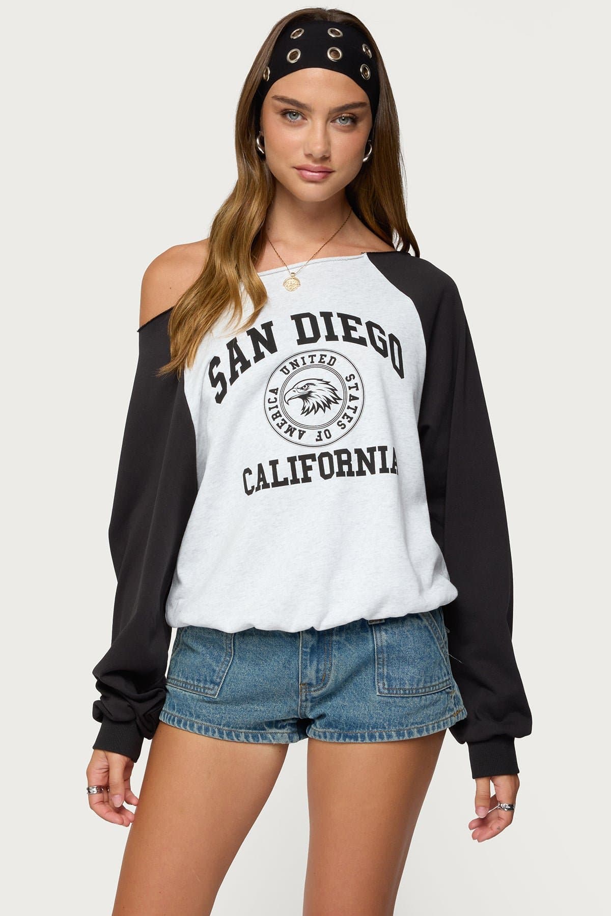 San Diego Off Shoulder Raglan Sweatshirt with Contrast Sleeves and California Graphic