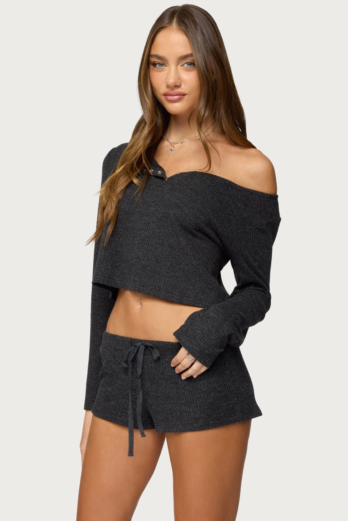 Teddy Cropped Waffle Top - Long Sleeve Henley Loungewear in Polyester Rayon Spandex