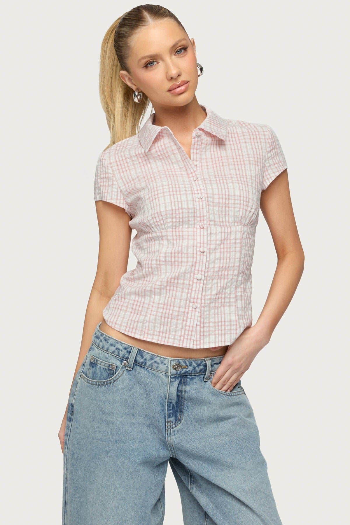 Naiah Plaid Tailored Button Up Shirt - Cotton Polyester with Classic Collar & Underbust Ruching