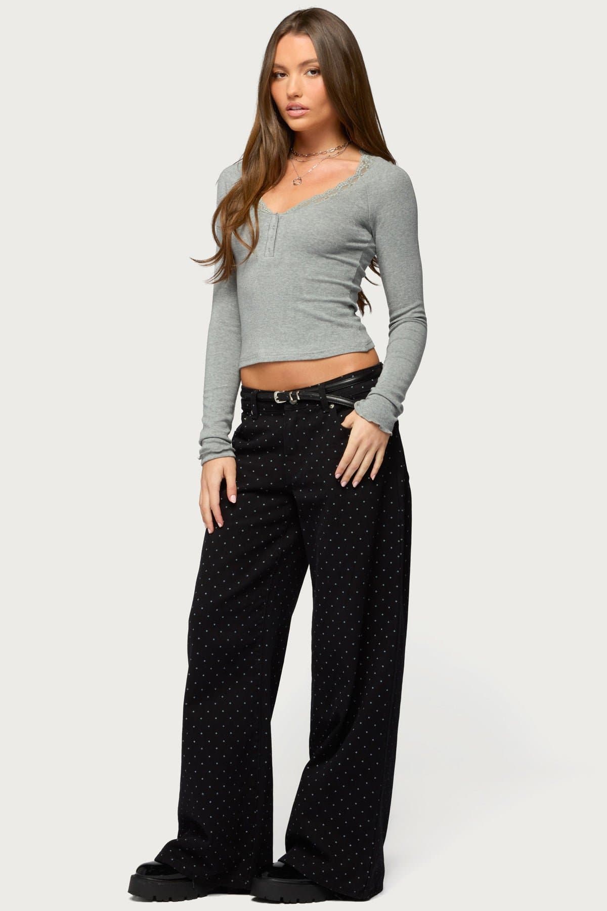 Shanah Lacey Henley Top - Long Sleeve with Button Detail and Lace Trim, Rayon Cotton Blend