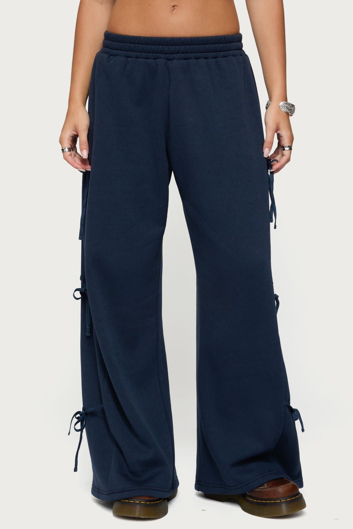 Claudette Baggy Ribbon Sweatpants - Polyester Cotton Elastic Waistband Side Ribbon Detail Small Inseam 30.91"
