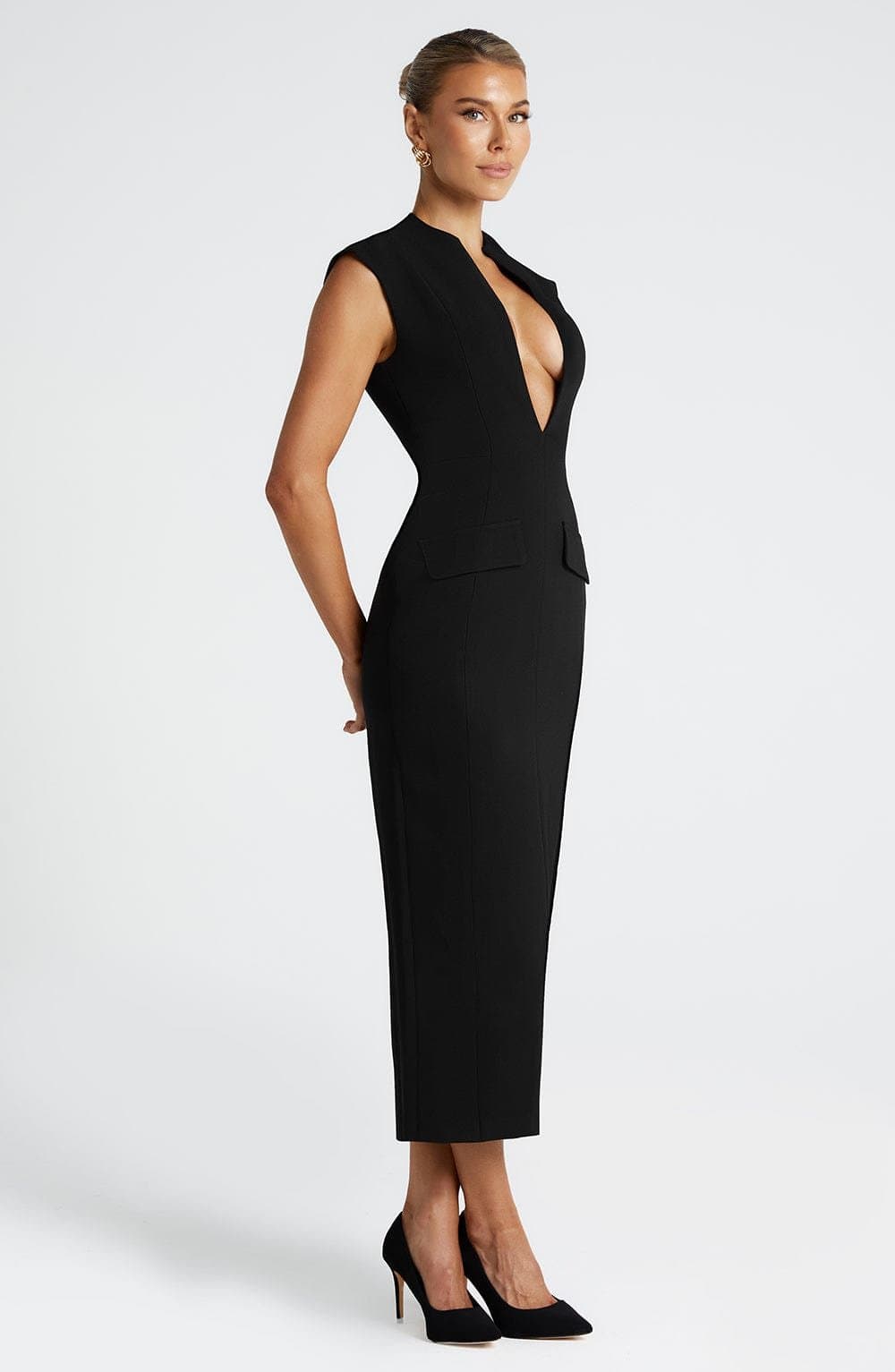 Nellie Midi Dress - Black Non-Stretch Crepe Pencil Skirt Plunging Neckline