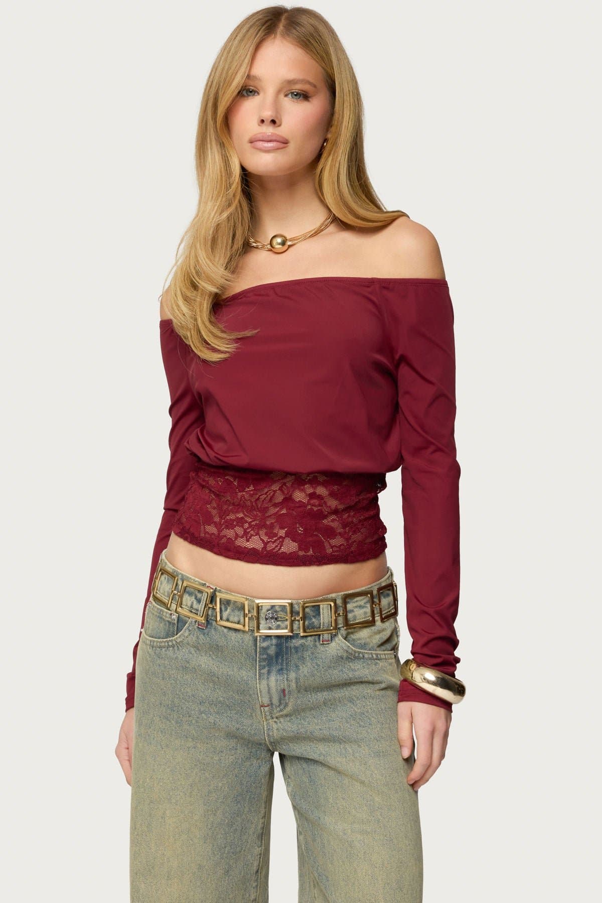 Dorona Lacey Off Shoulder Long Sleeve Top with Cinched Waist