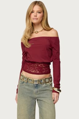 Dorona Lacey Off Shoulder Long Sleeve Top with Cinched Waist