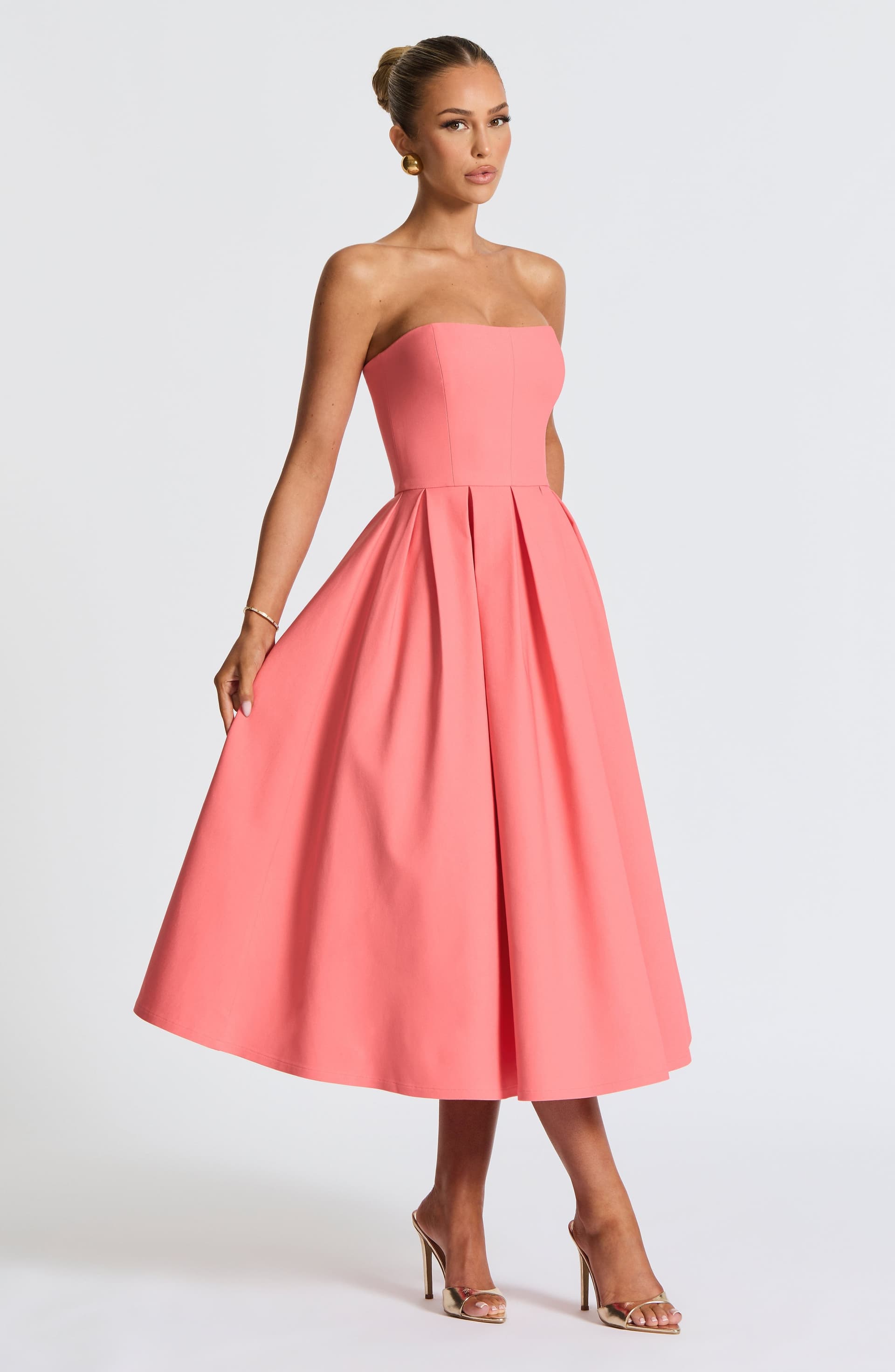 Edith Midi Dress Coral Pink Stretch Bengaline Strapless Pleated