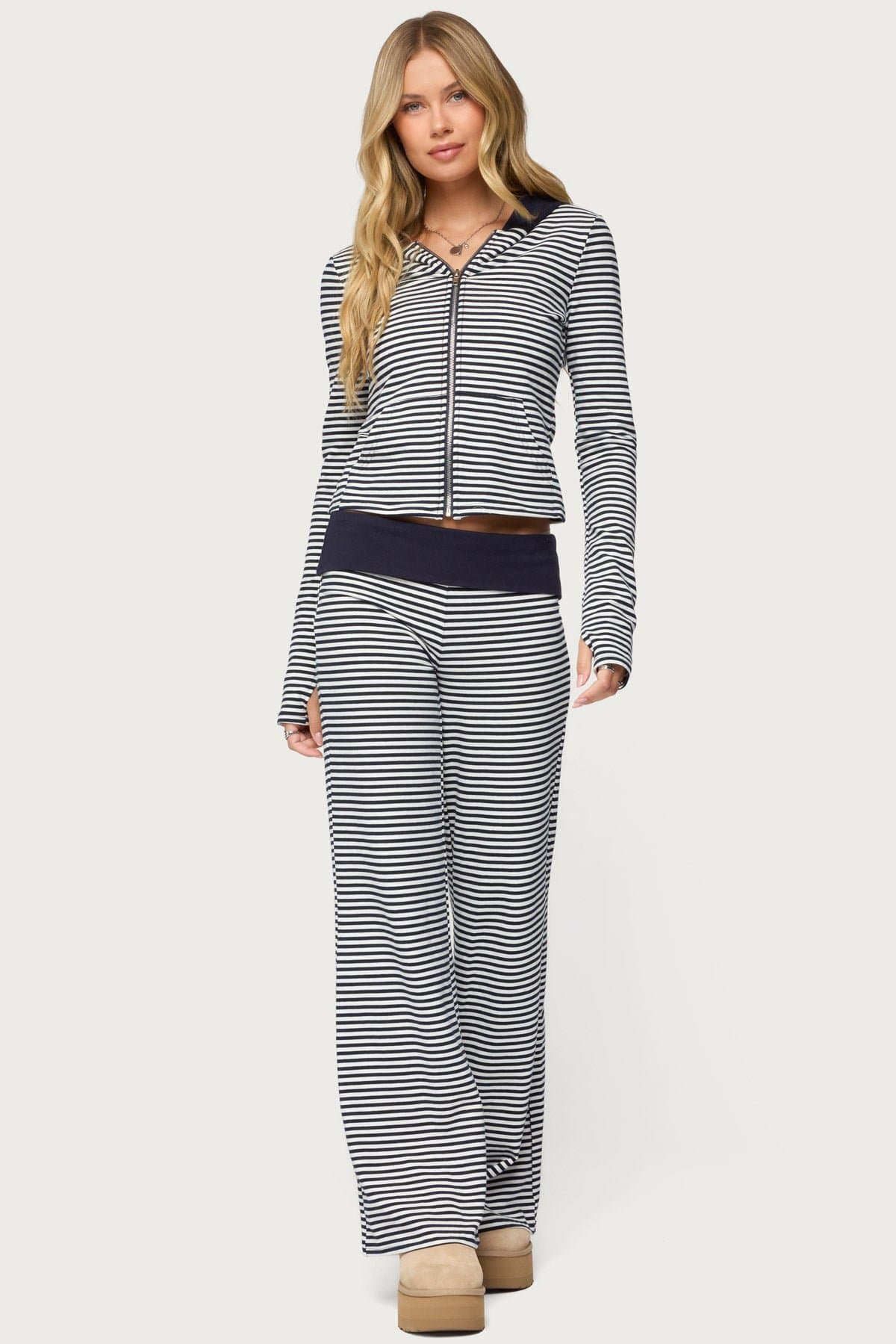 Meggy Striped Zip Up Hoodie - Cotton Spandex Blend