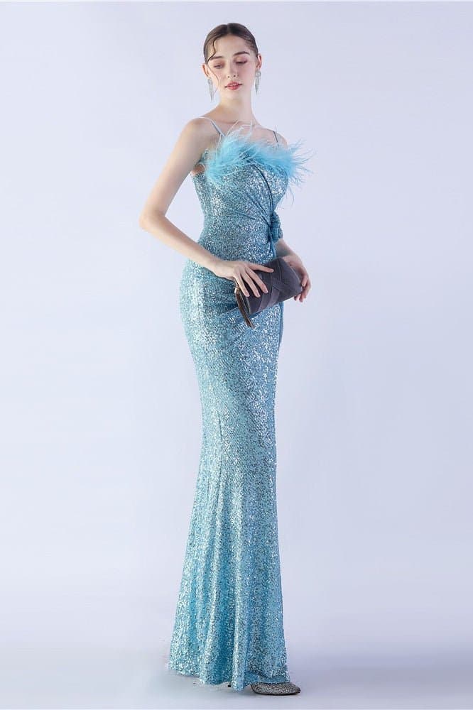 Ostrich Feather Embellished V-Neck Sleeveless Maxi Dress