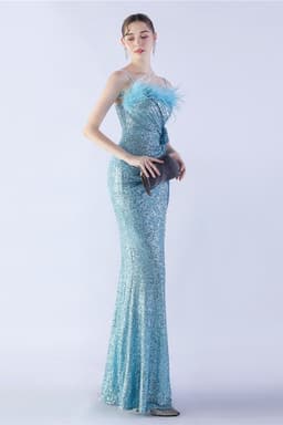 Ostrich Feather Embellished V-Neck Sleeveless Maxi Dress