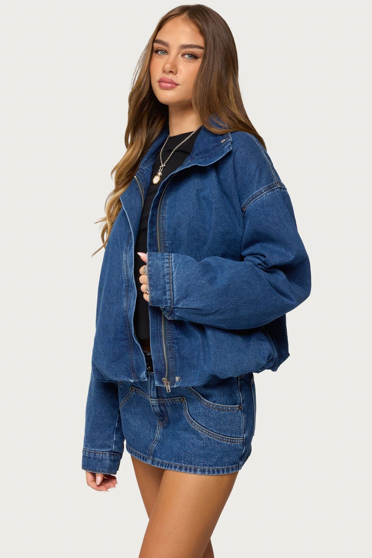 Hilary Oversized Denim Coat 100% Cotton High Collar Front Zip Jacket