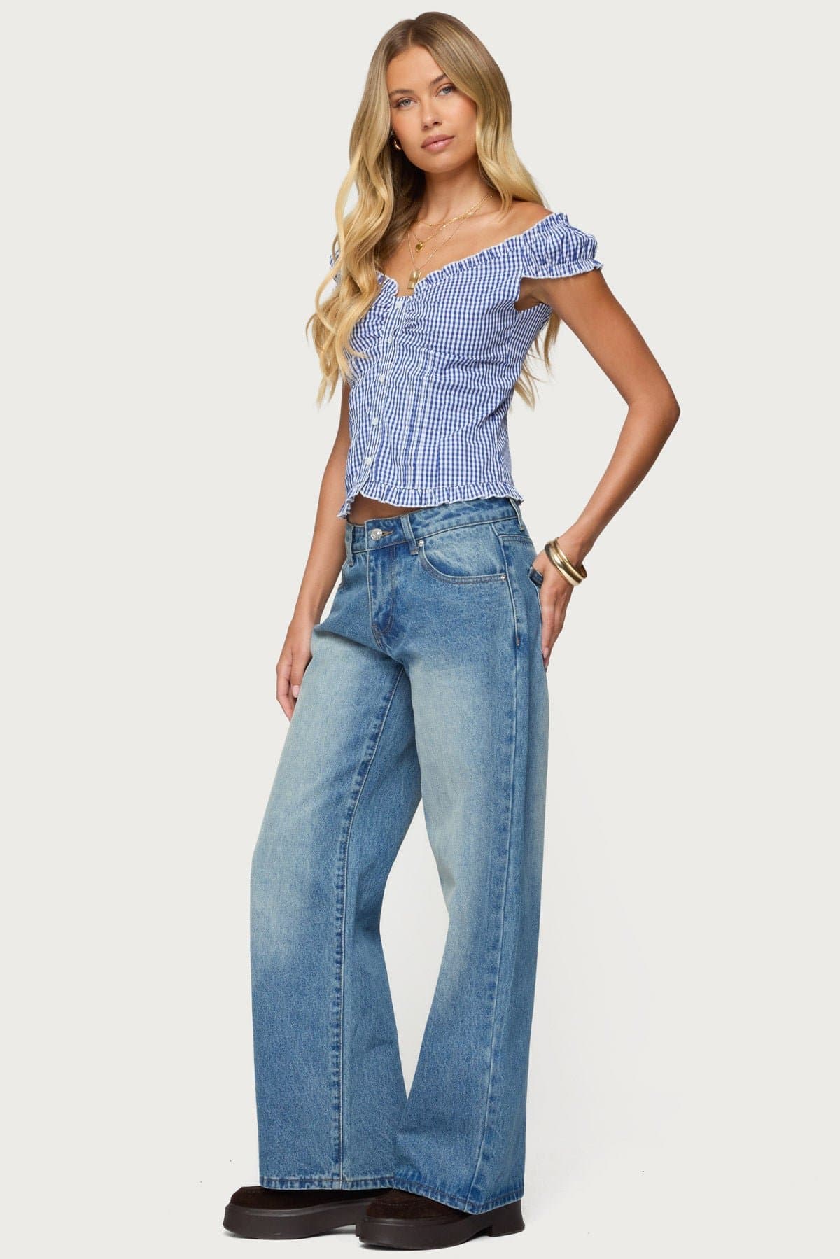 Dorothie Gingham Button Up Top - 100% Cotton Wide V Neck Short Puff Sleeves