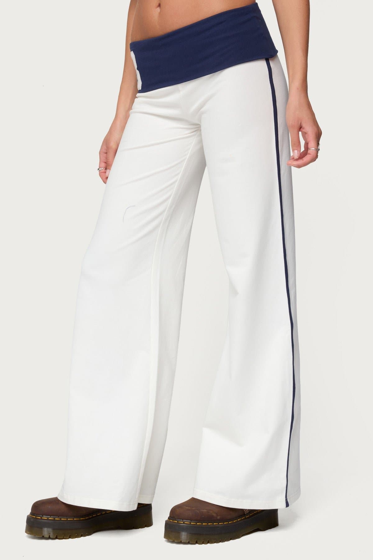 8 Contrast Fold Over Wide Leg Pants - Cotton Spandex Side Stripe Graphic Patch
