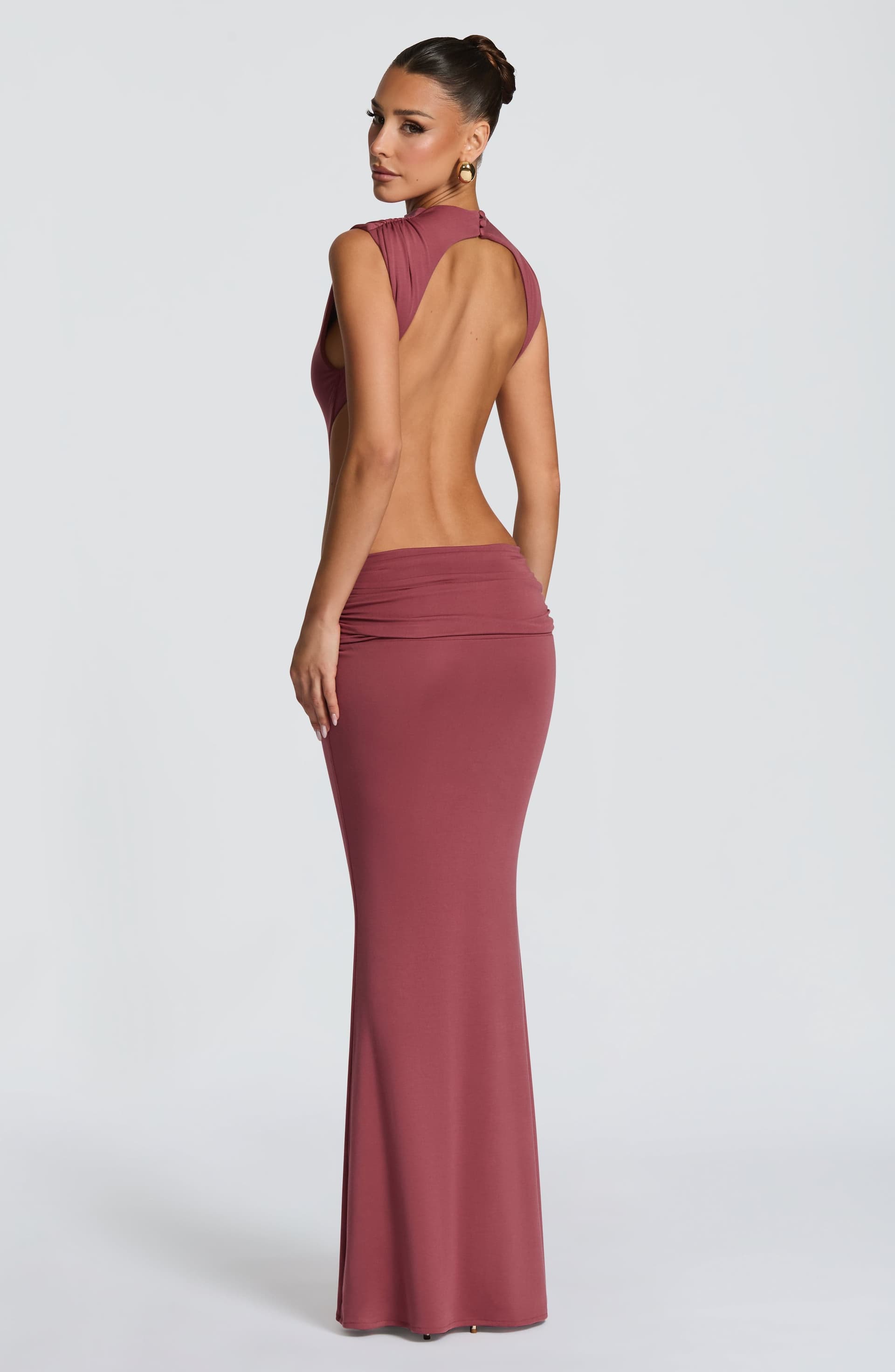 Fenella Maxi Dress in Rose Brown - High Neck Backless Sleeveless Modal Jersey
