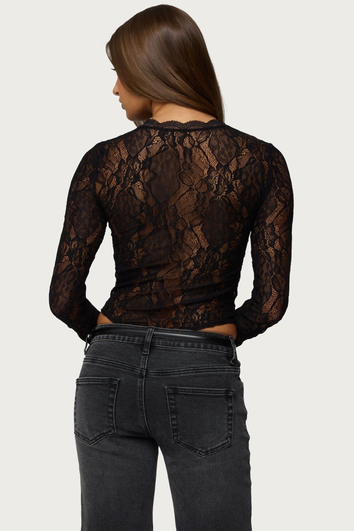 Rosalinda Sheer Lace Bodysuit with Long Sleeves and Scalloped Trim - Nylon Spandex