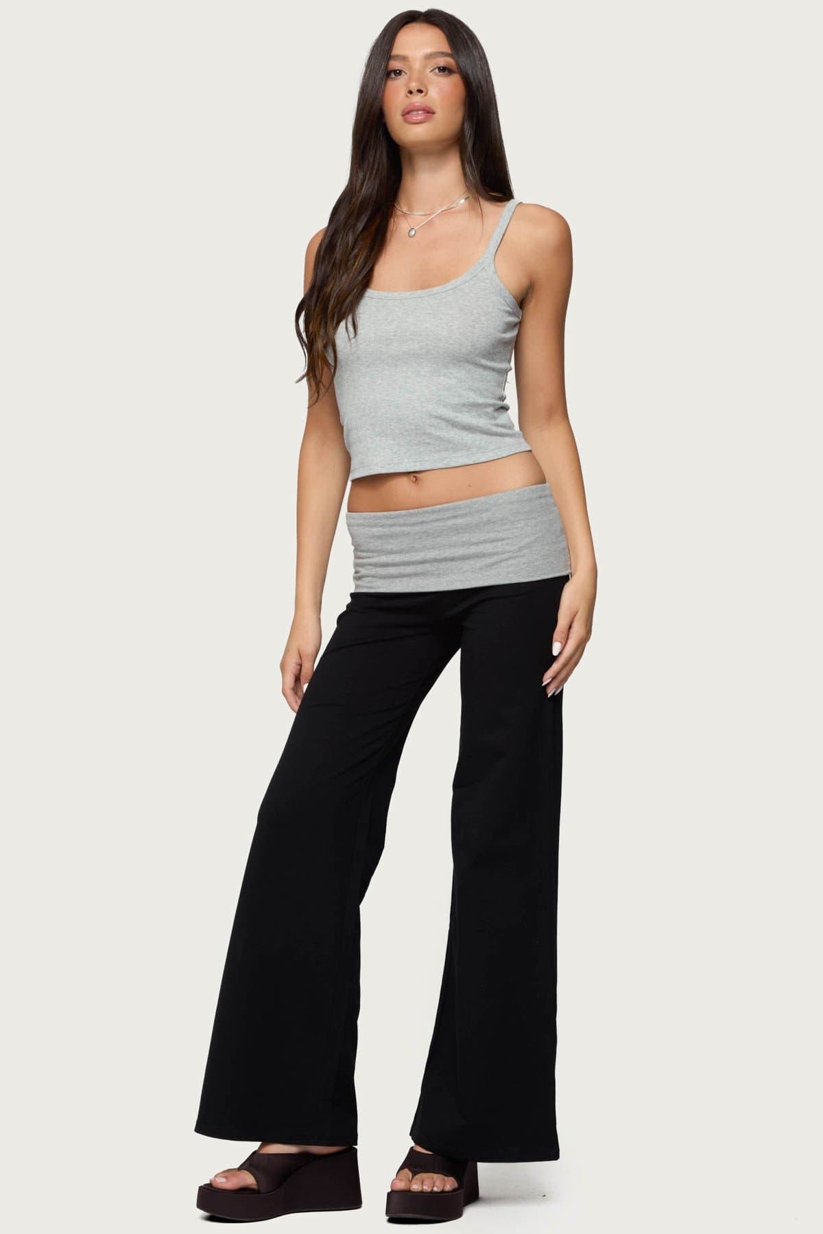 Wide Leg Contrast Foldover Waistband Pants - Cotton Spandex