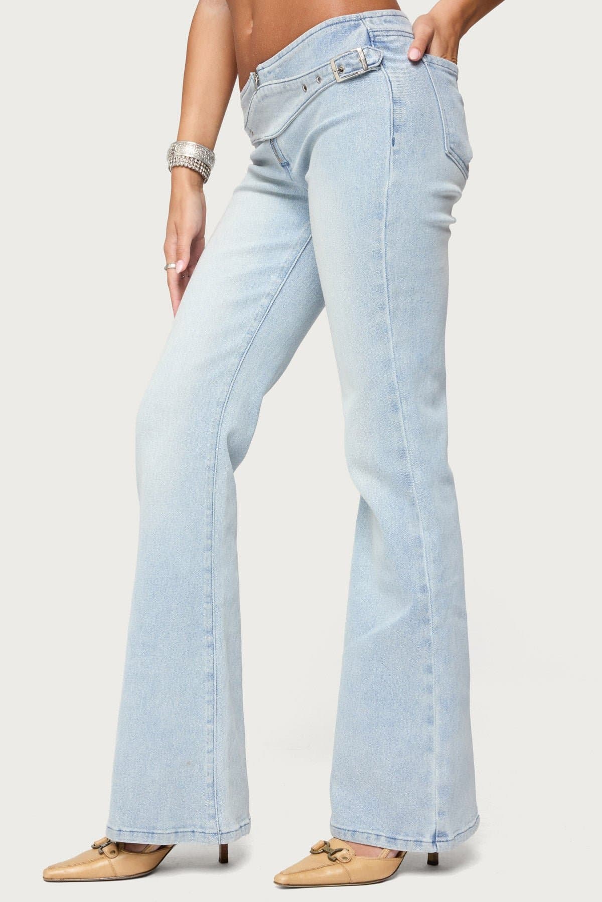 Kenza Belted Low Rise Flared Jeans - Stretch Denim Cotton Polyester Spandex
