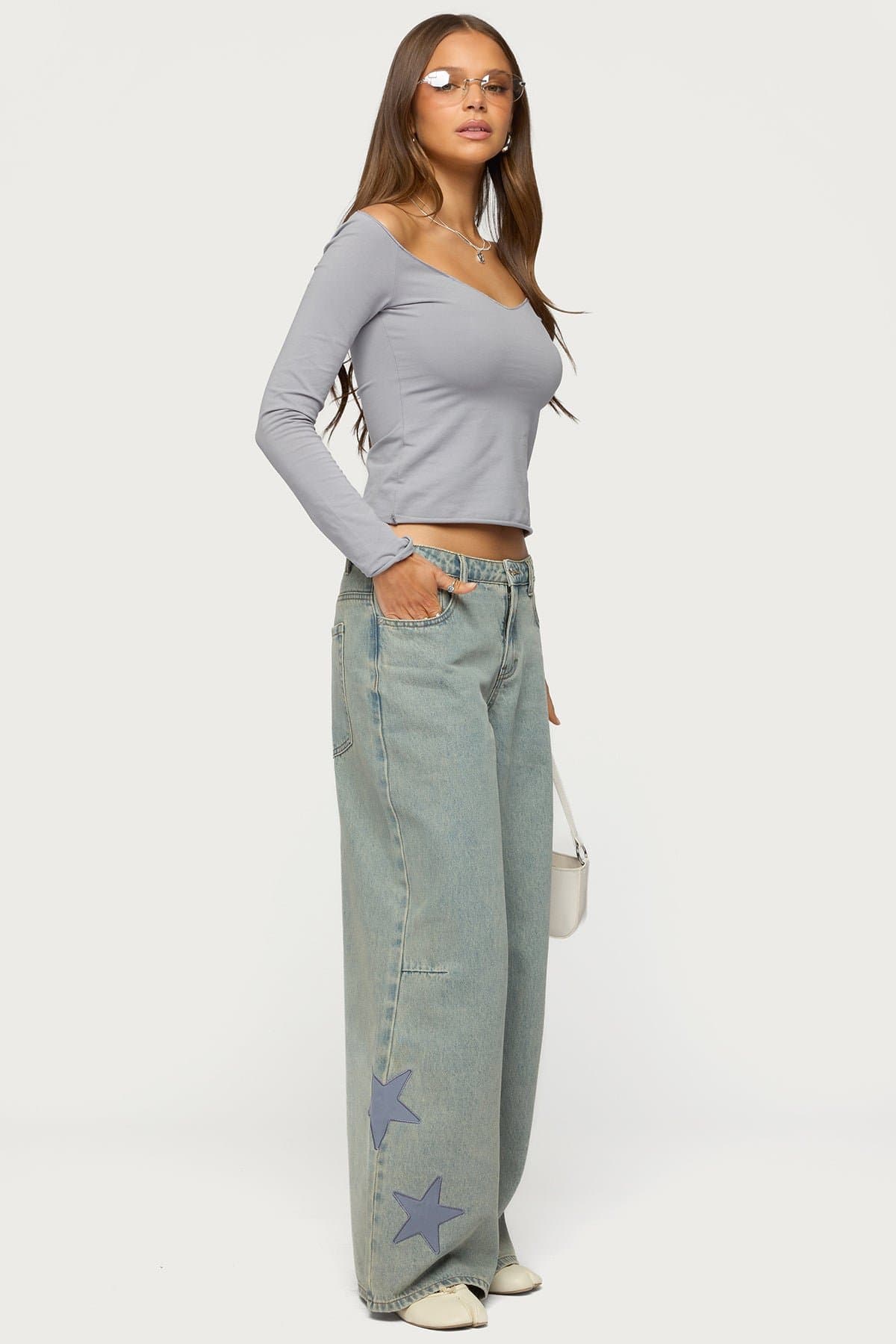 Nattie Off Shoulder V Neck Long Sleeve Top - Cotton Polyester Spandex