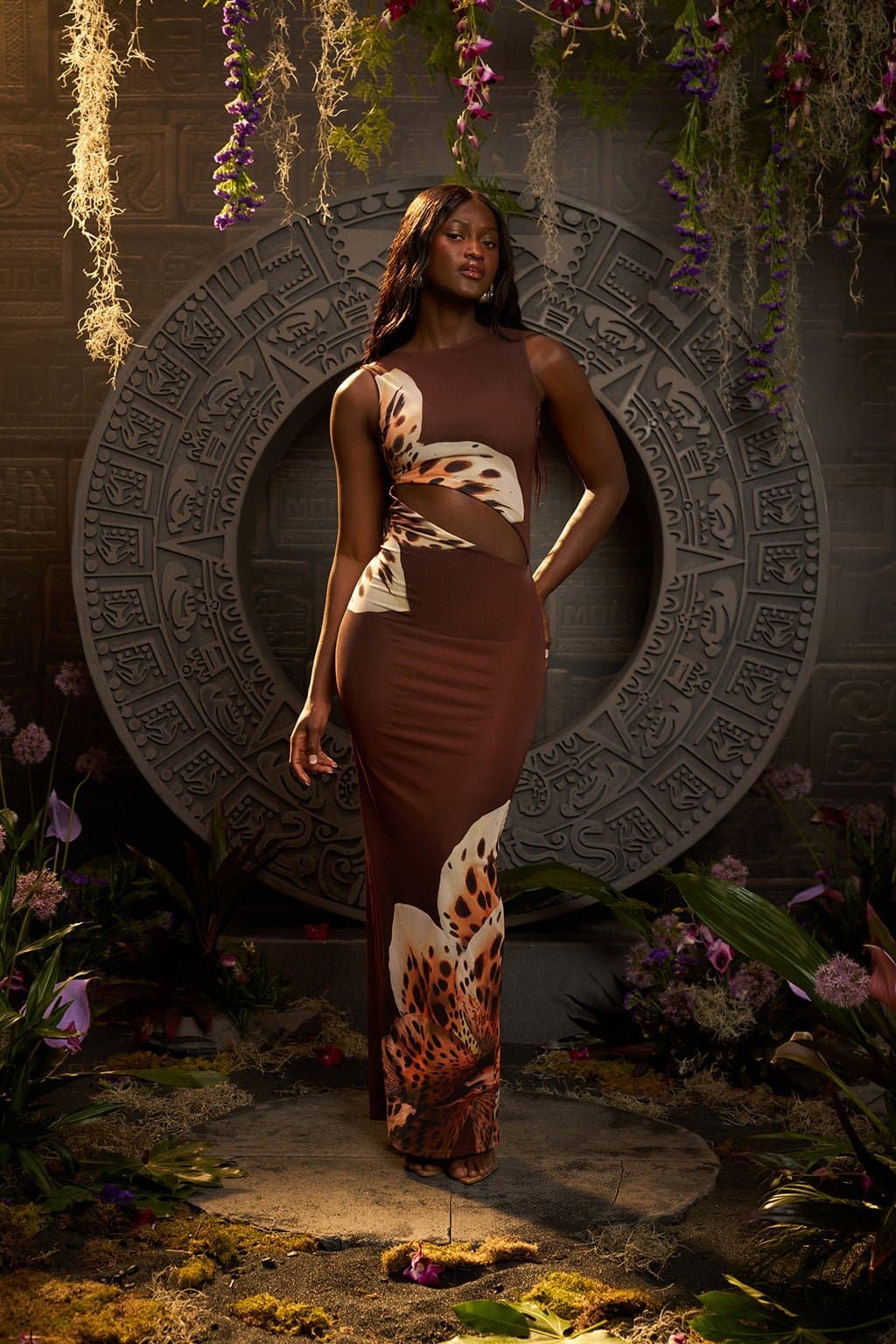 BLU Leopard Orchid Print Maxi Dress - Mesh Overlay Bodycon Fit UK 8 150cm