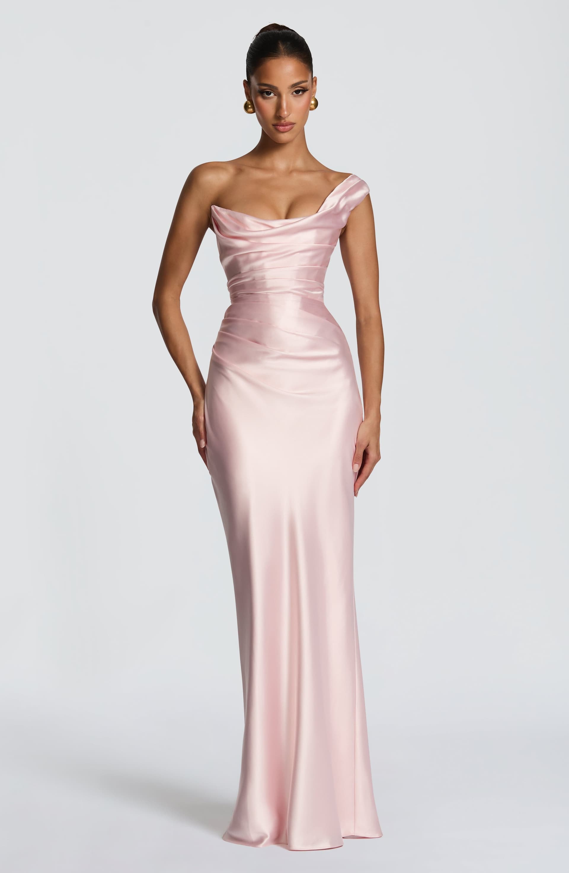 Thalassa Maxi Dress in Blush - Satin One Shoulder with Corset and Lace-Up Back