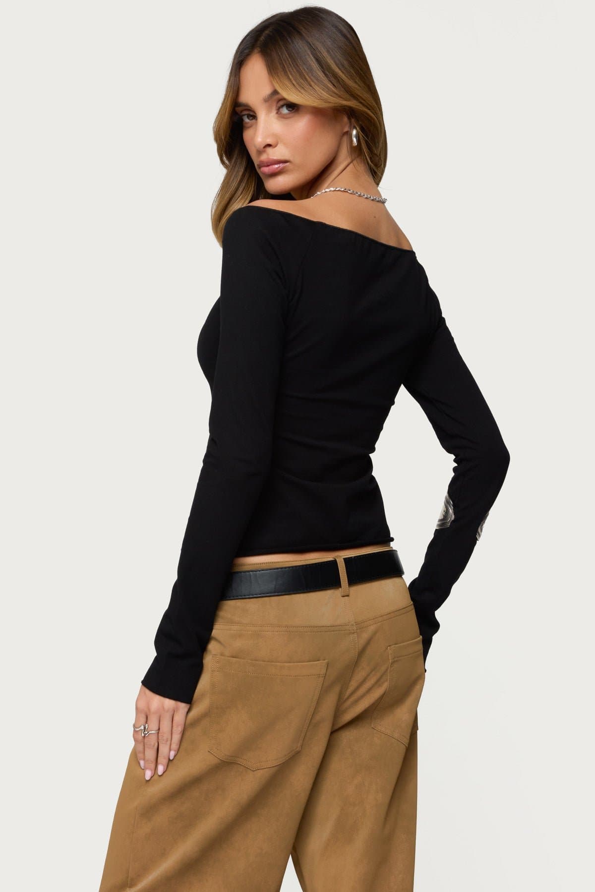 Nattie Off Shoulder V Neck Long Sleeve Top - Cotton Polyester Spandex