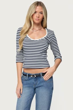 Poppie Striped V-Neck Top with Quarter Sleeves in Cotton Spandex