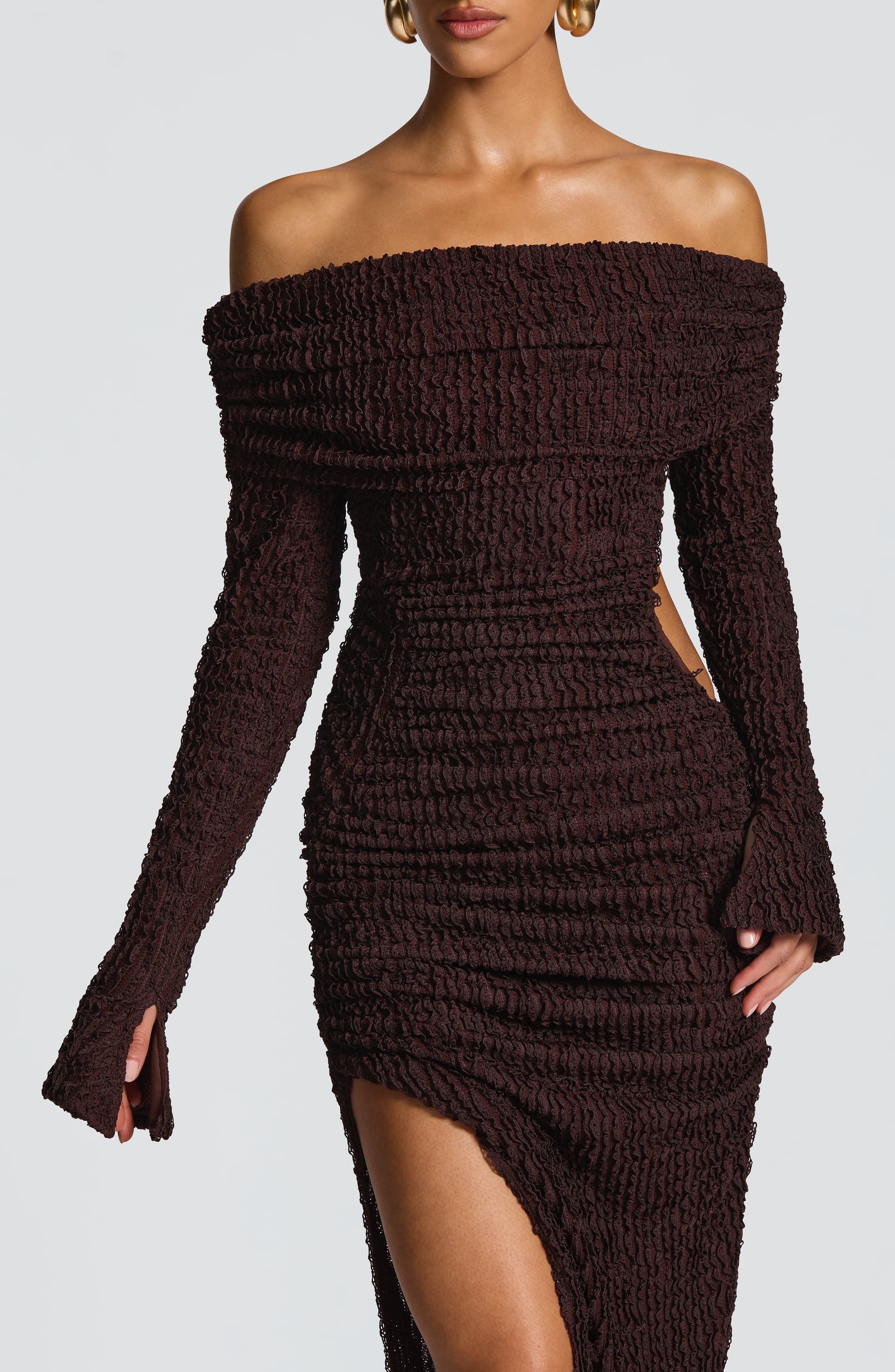 Adelphia Midi Dress Plum Brown Bardot Neckline Long Sleeve Asymmetric Skirt