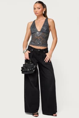 Isabela Sequin Sheer Lace Tank Top - Nylon Spandex Plunging Neckline