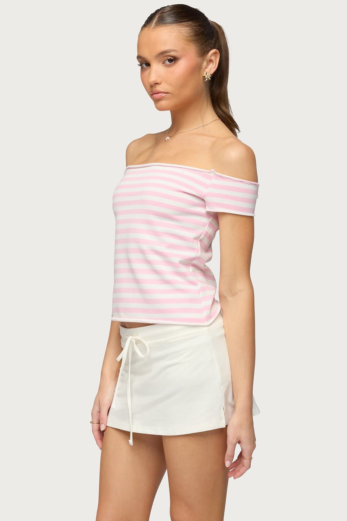 French Terry Striped Off Shoulder Top - Cotton Spandex Rolled Edges