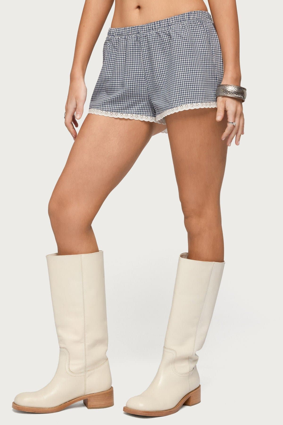 Ellie Lacey Gingham Shorts - Rayon Polyester Elastic Waistband Lace Trim