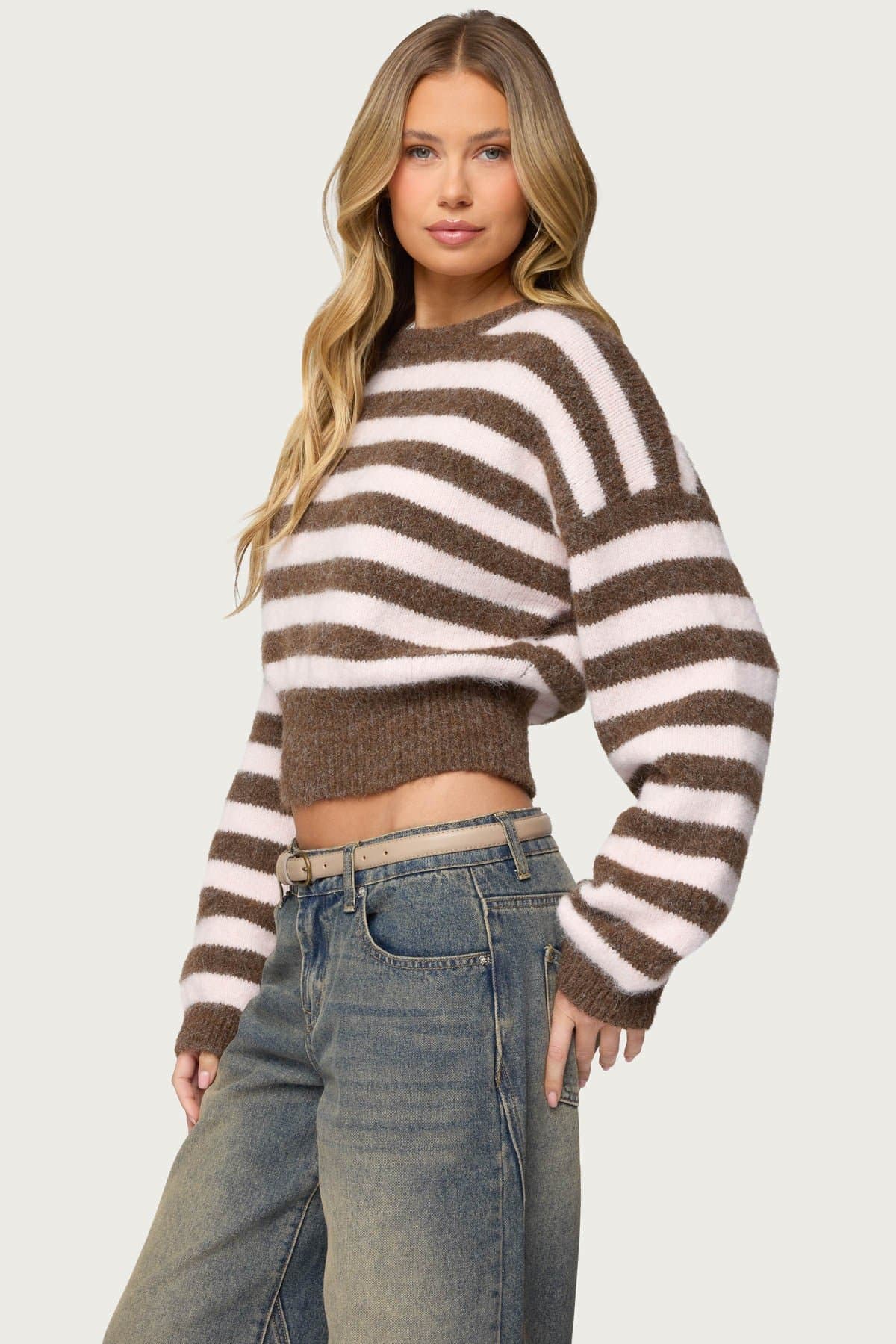 Penelope Fuzzy Striped Sweater - Polyester Nylon Wool Spandex Knit Top