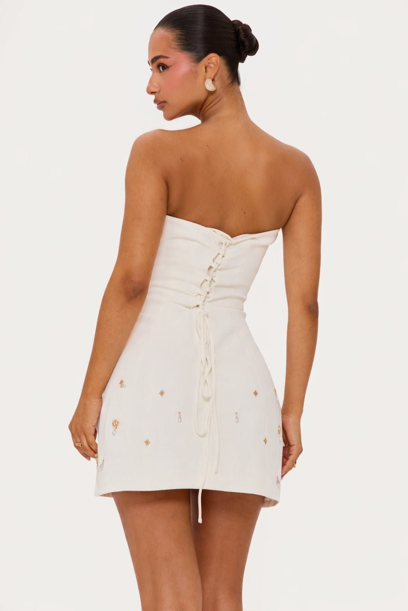 Sacred Bandeau Woven Mini Dress with Boned Corset and Lace-Up Back