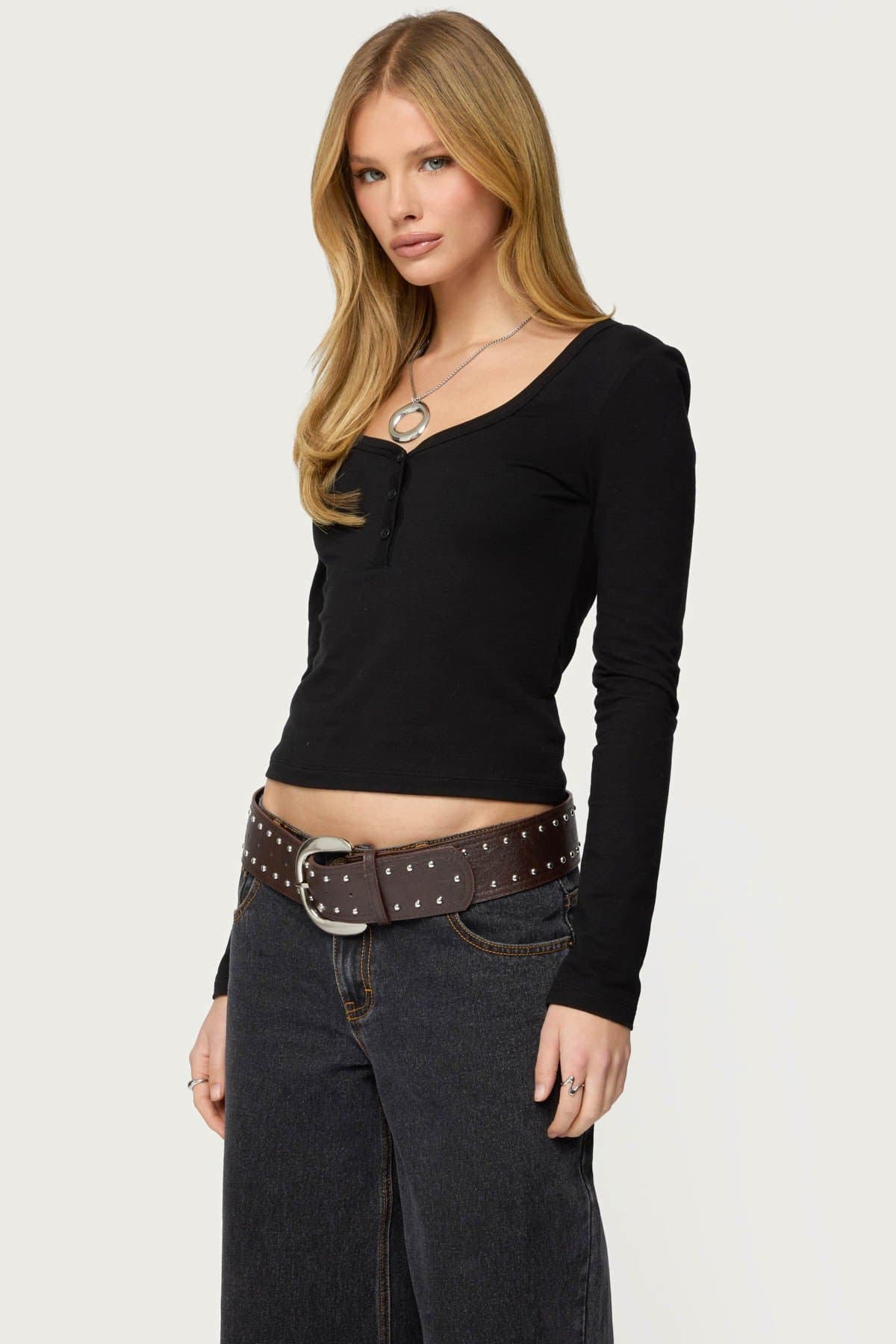 Leah Henley Top - Long Sleeve Cotton Polyester Spandex Button Front Women's Shirt