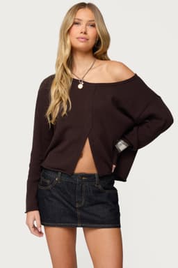 Moyra Off Shoulder Long Sleeve Knit Top - 100% Cotton Split Hem
