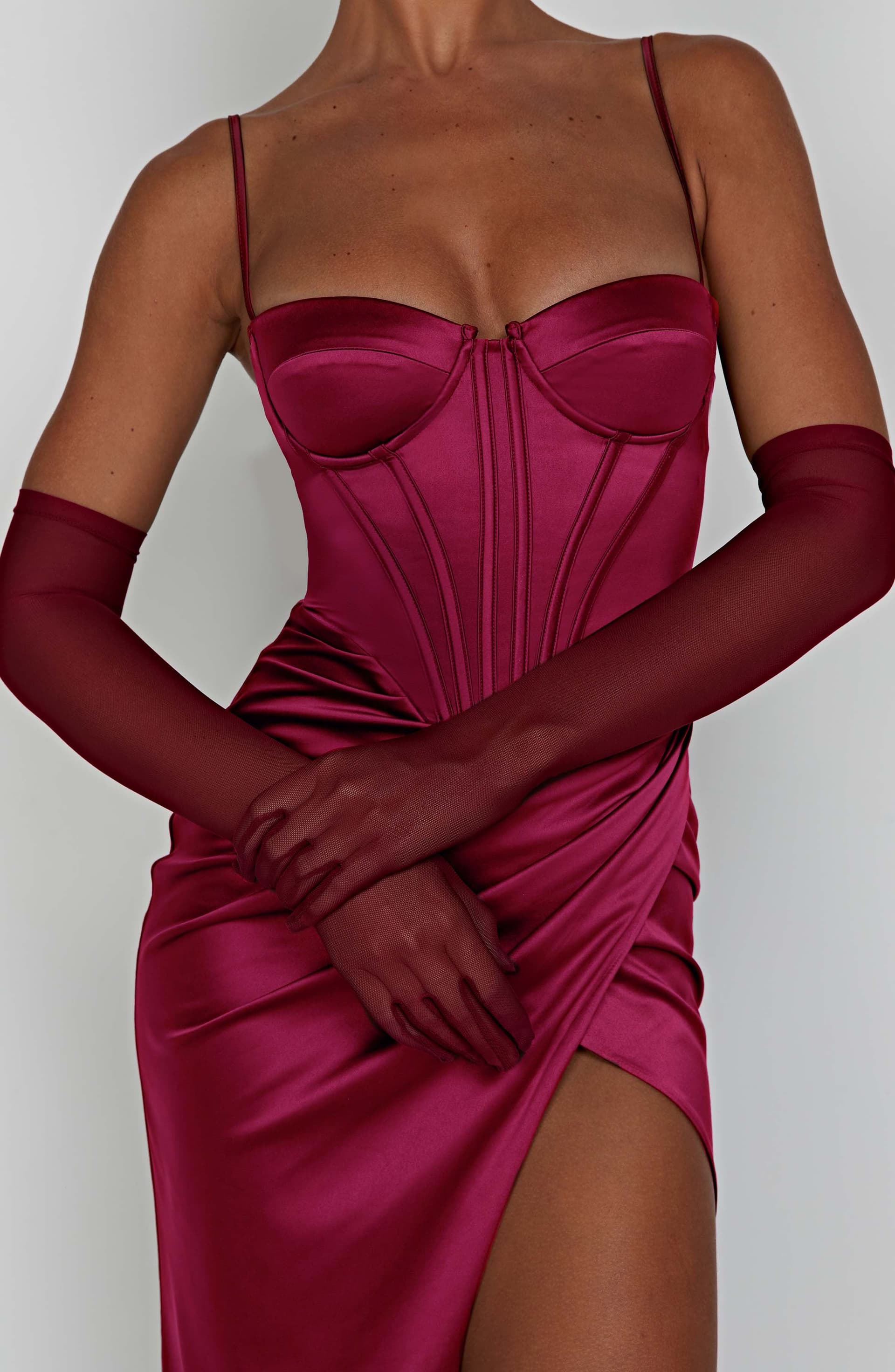 Eli Wine Elbow Length Mesh Gloves - Stretchy Formal Accessory