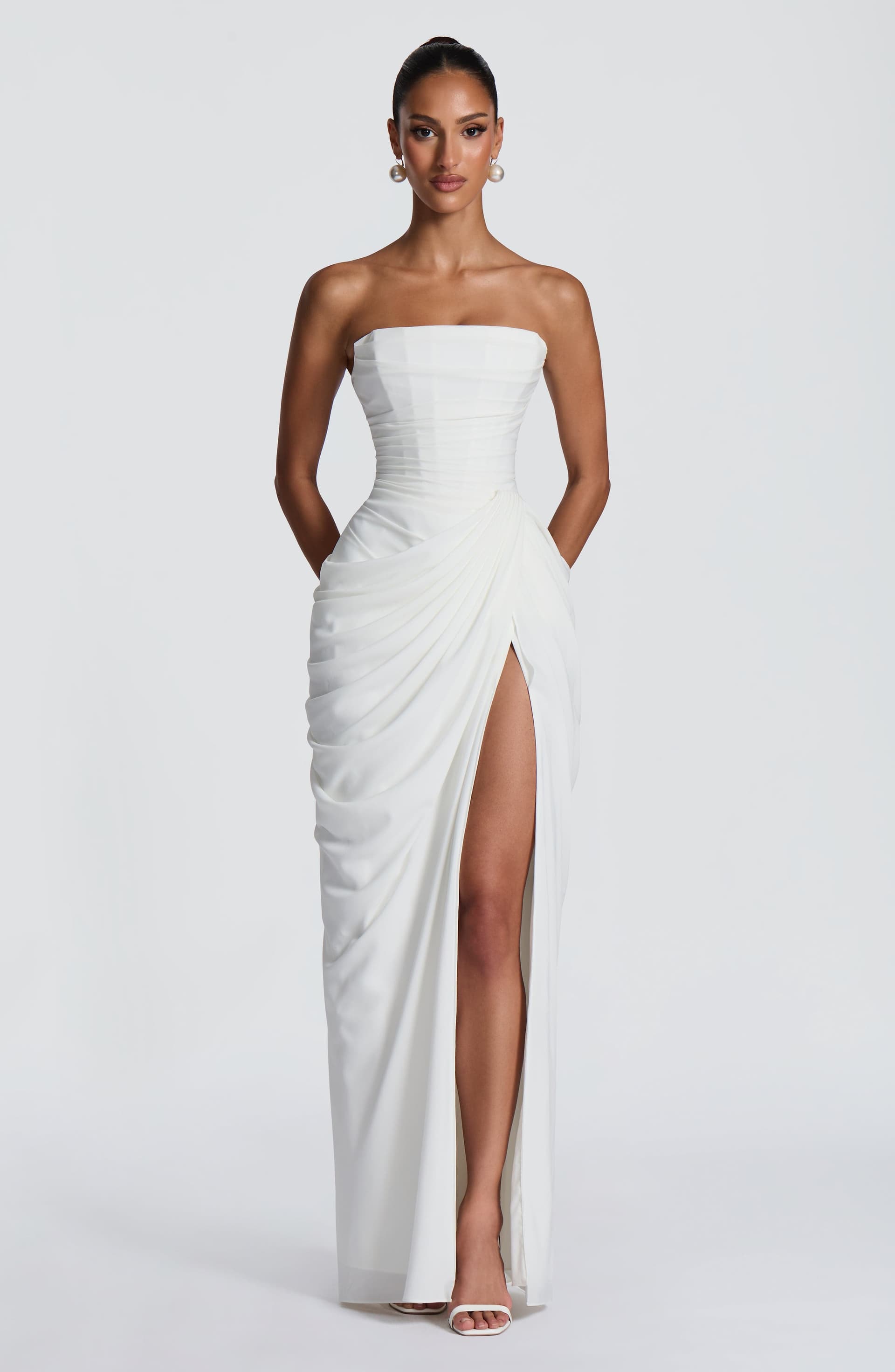 Cyra Maxi Dress in Ivory Chiffon with Strapless Neckline and Thigh-High Split