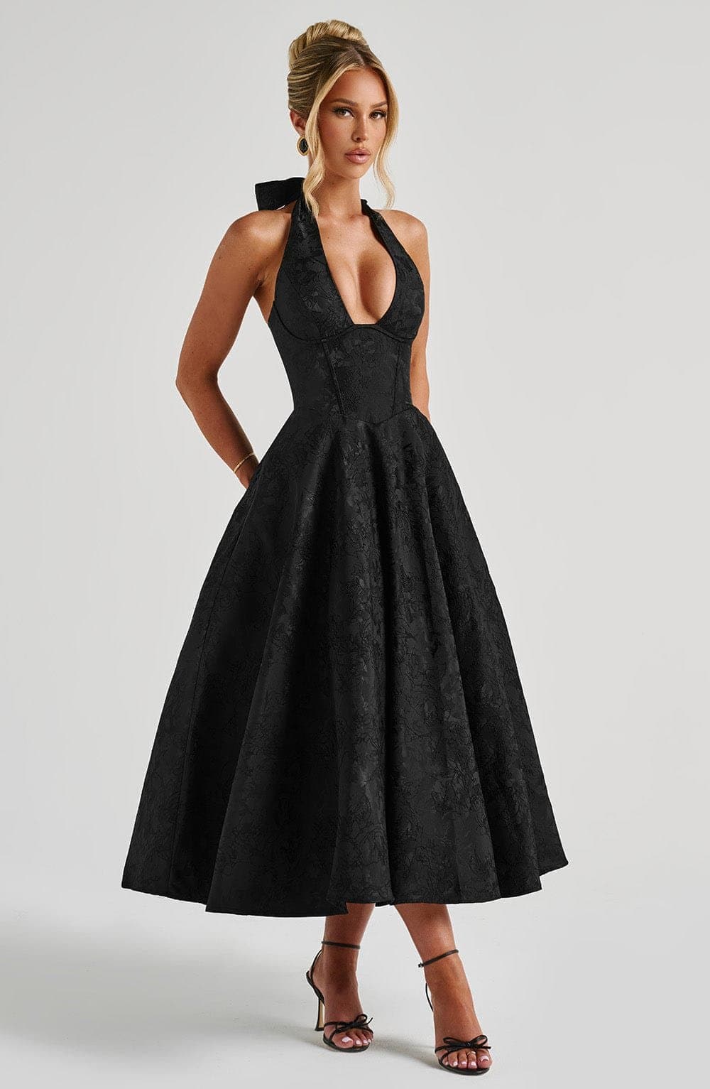 Effie Midi Dress in Black - Plunge Halter Neckline, Lace Up Back, Full Skirt